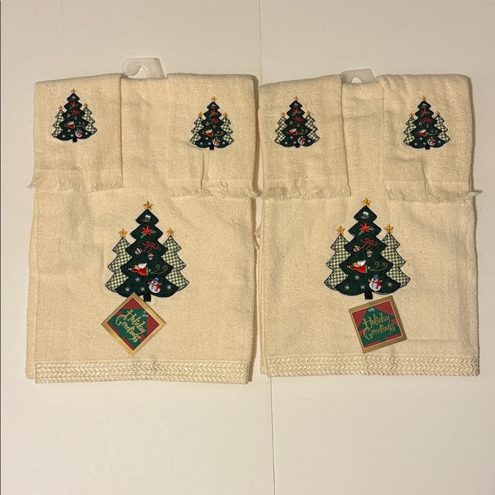 Vintage Trees Holiday Towel Sets 2 Bath Towels 4 Hand Towels Cream New